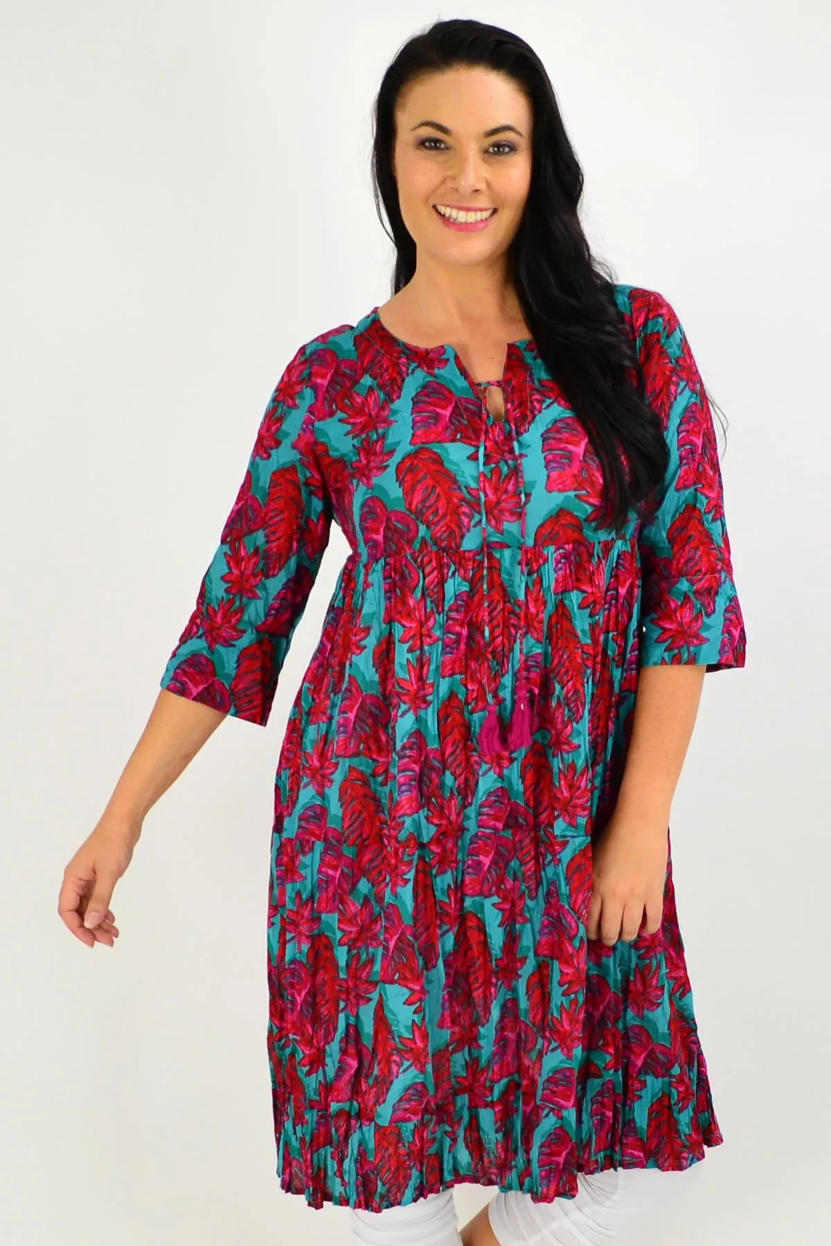 Red Aqua Floral Tie Neck Tunic Dress