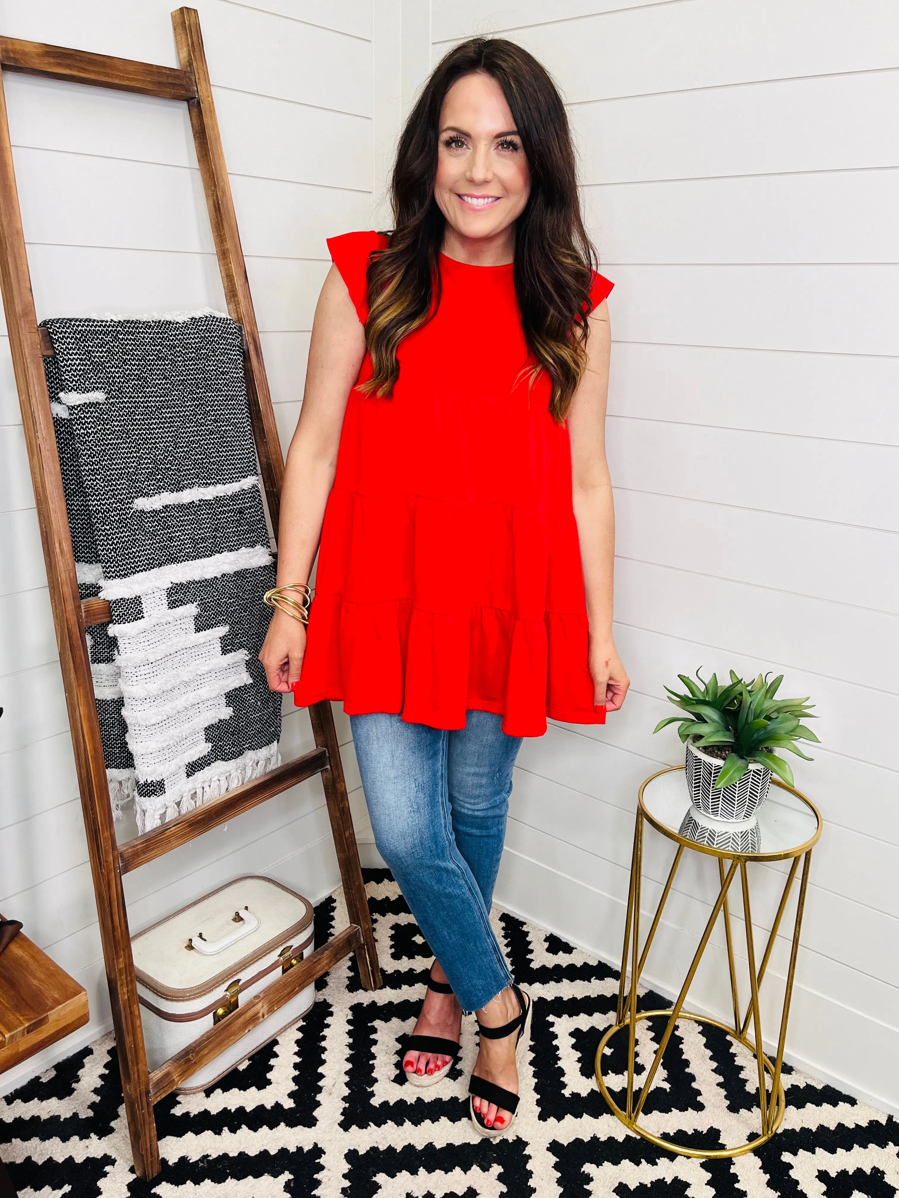 Ruby Red Ruffle Cap Sleeve Tiered Tunic