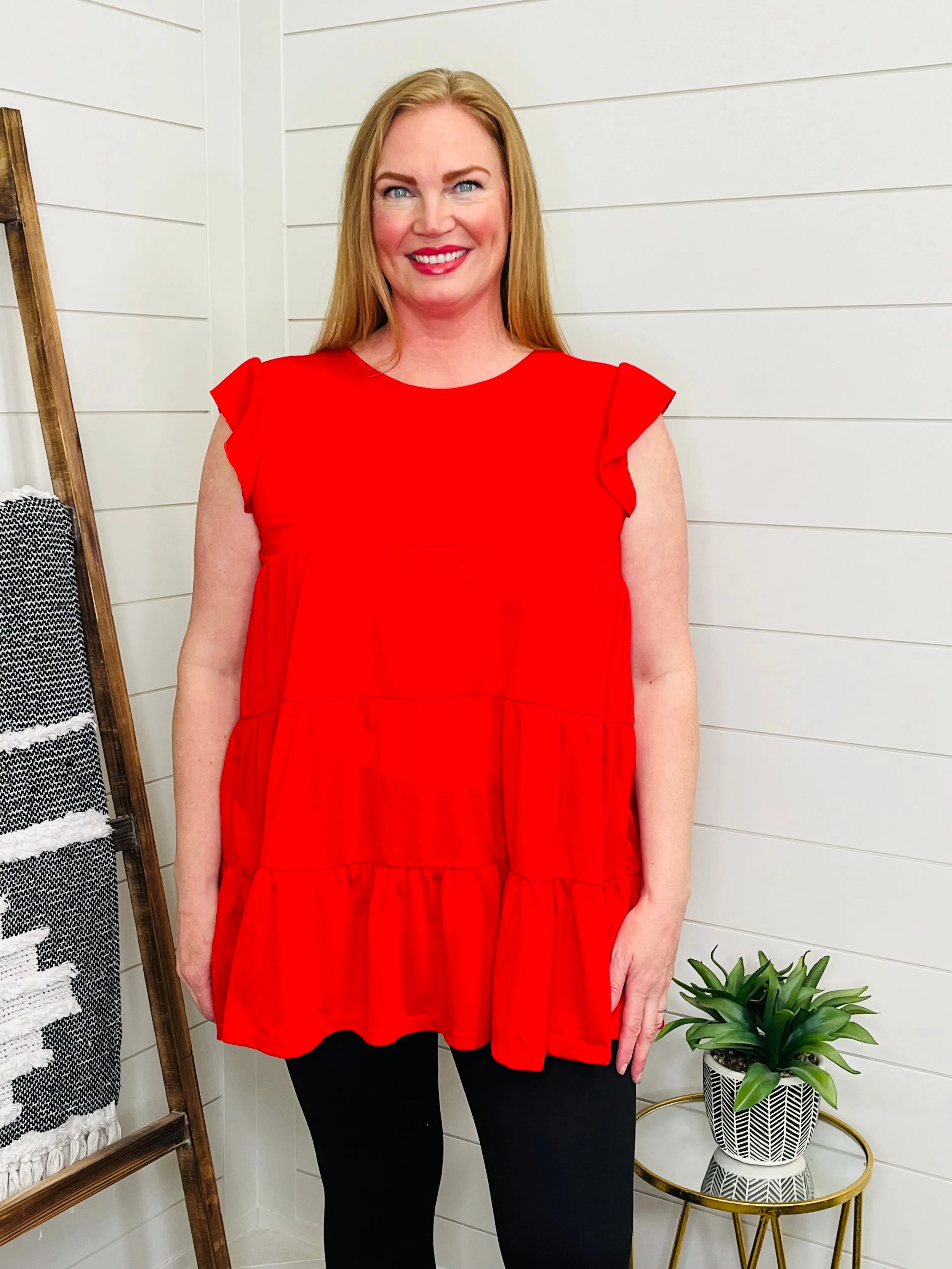 Ruby Red Ruffle Cap Sleeve Tiered Tunic