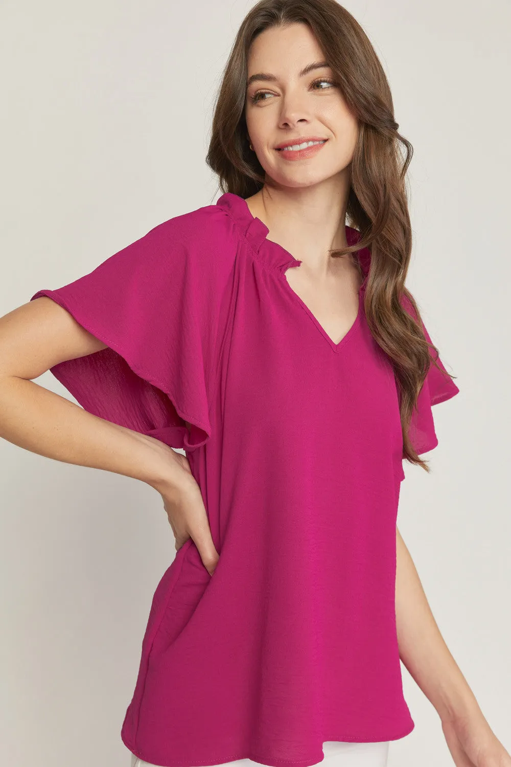 Ruffled Flutter Sleeve Blouse, Magenta