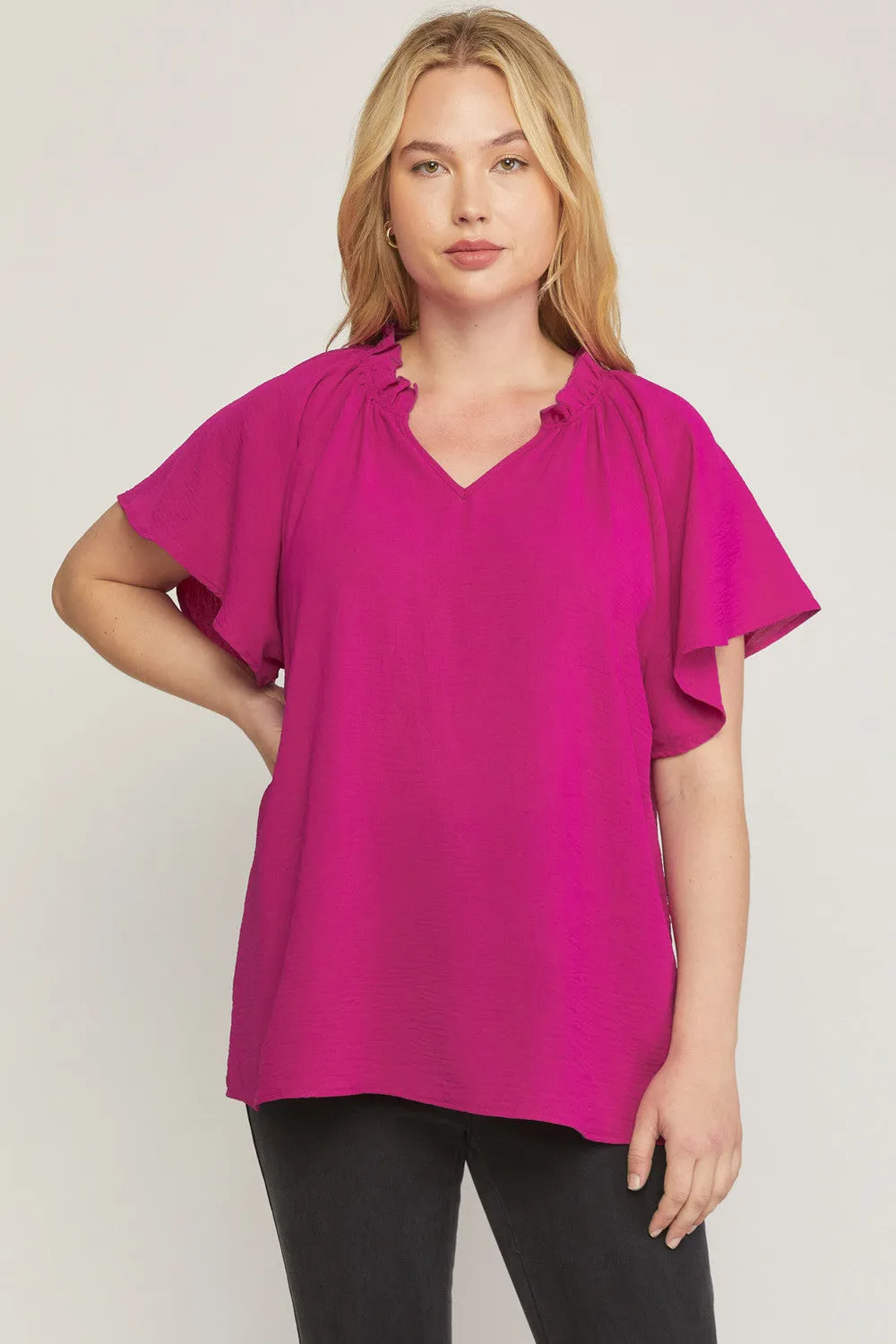 Ruffled Flutter Sleeve Blouse, Magenta