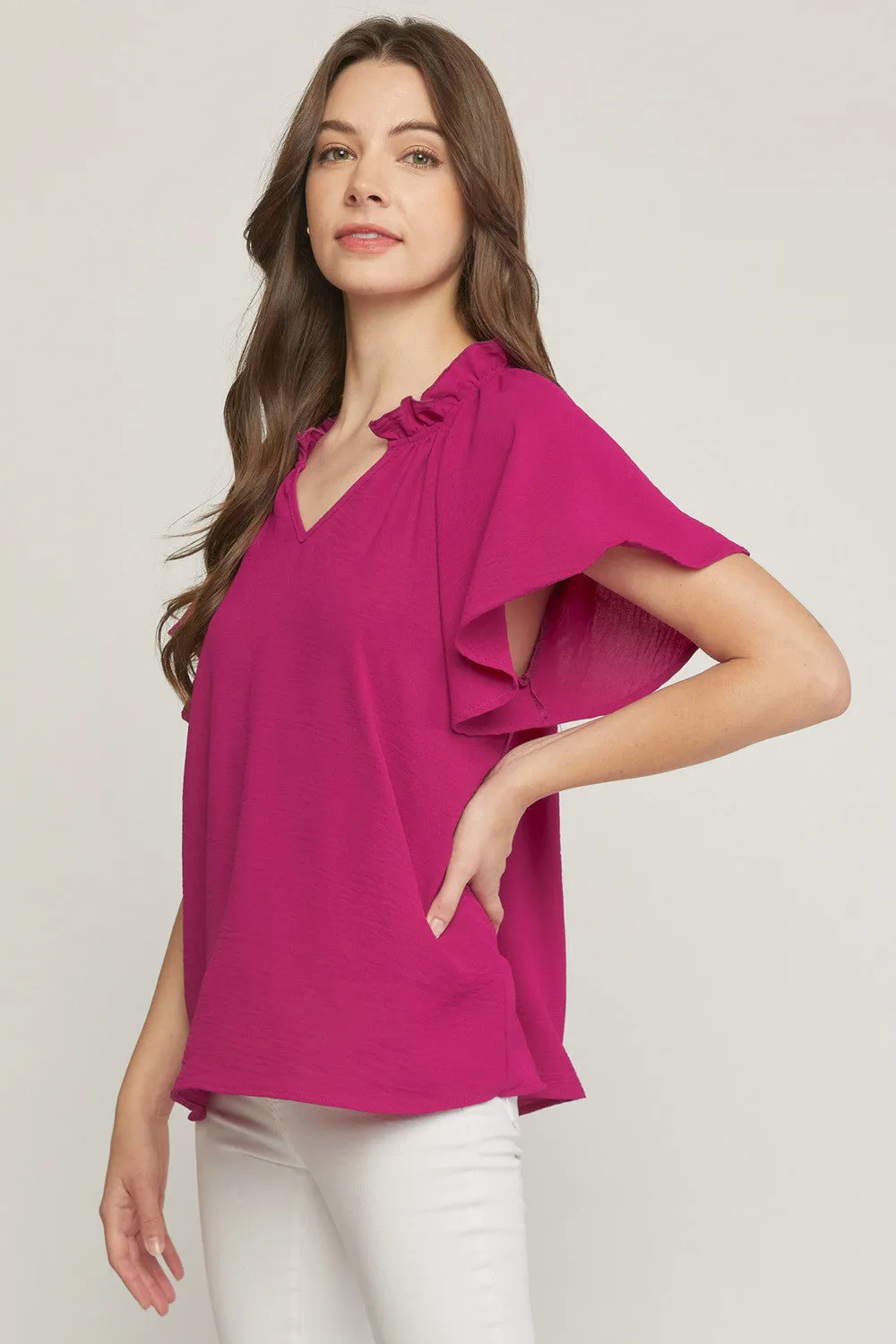 Ruffled Flutter Sleeve Blouse, Magenta