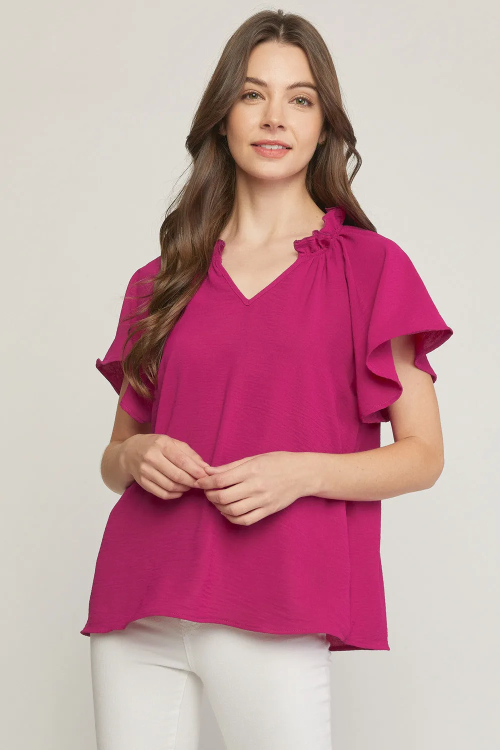 Ruffled Flutter Sleeve Blouse, Magenta