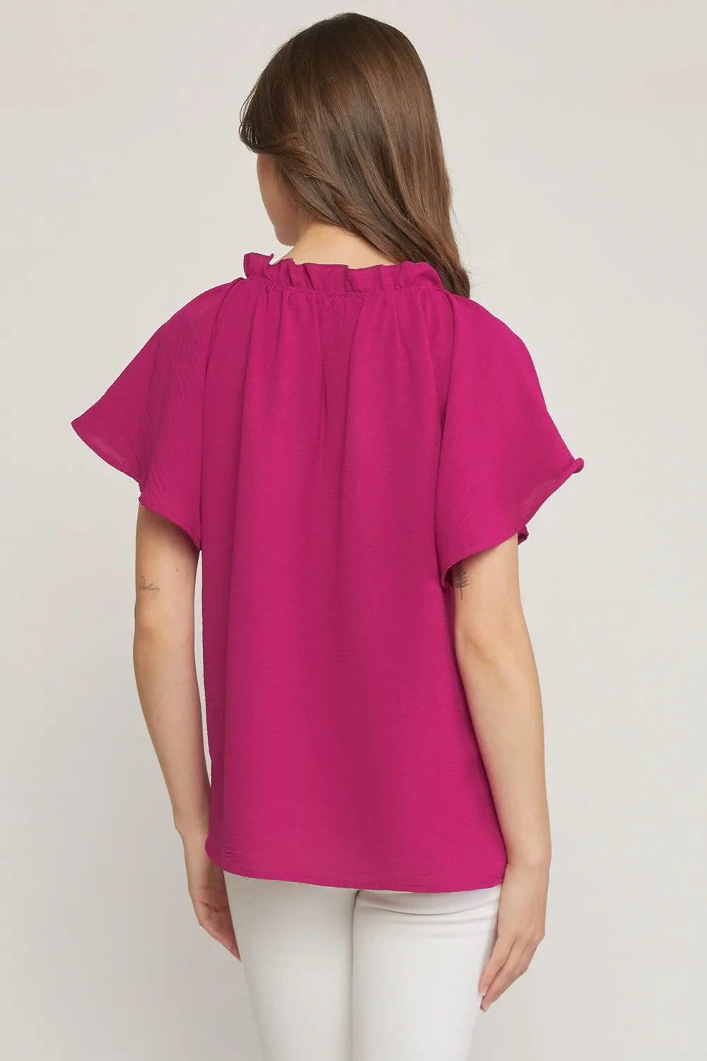 Ruffled Flutter Sleeve Blouse, Magenta