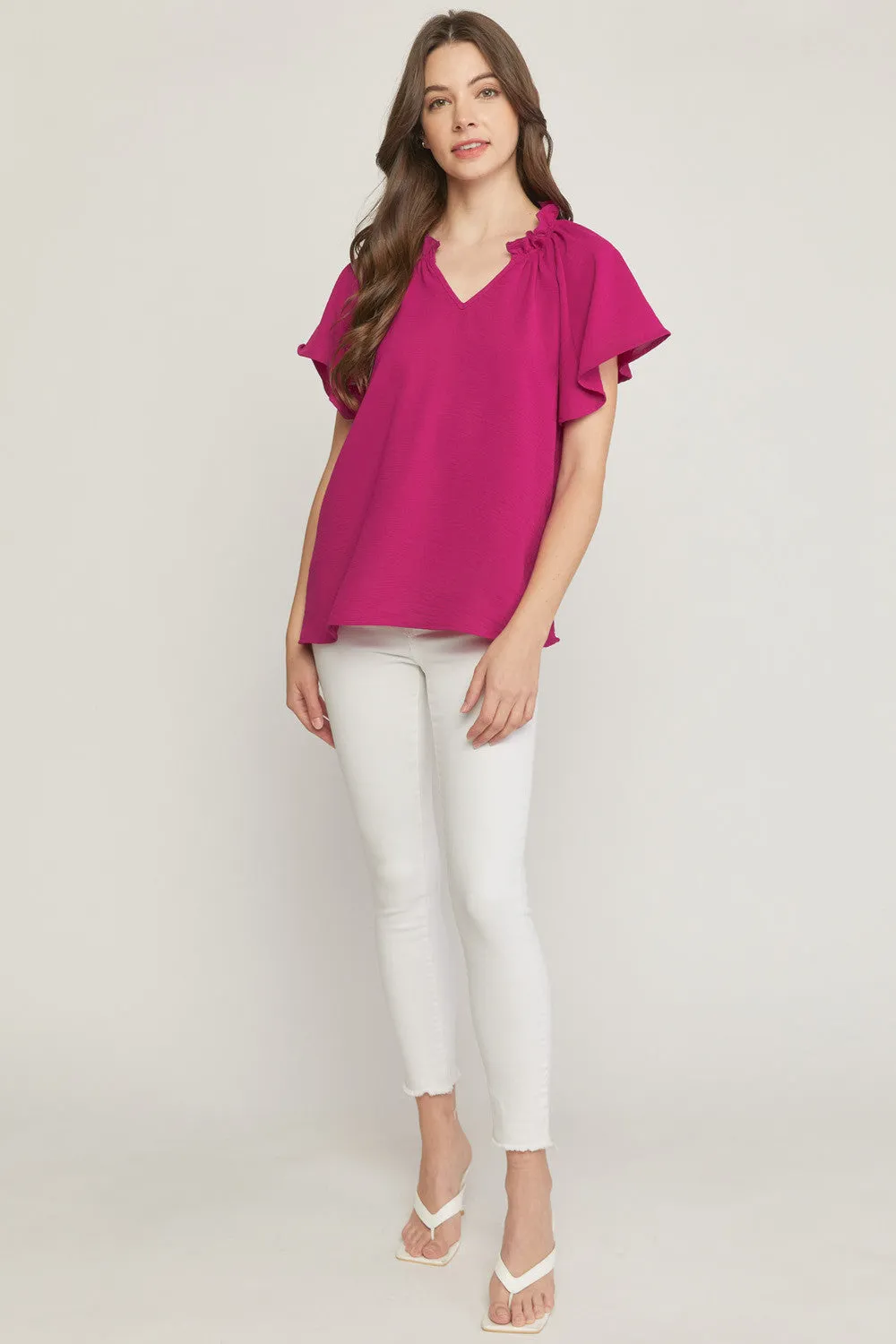 Ruffled Flutter Sleeve Blouse, Magenta