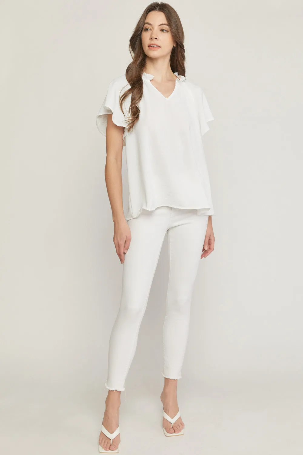 Ruffled Flutter Sleeve Blouse, Off White