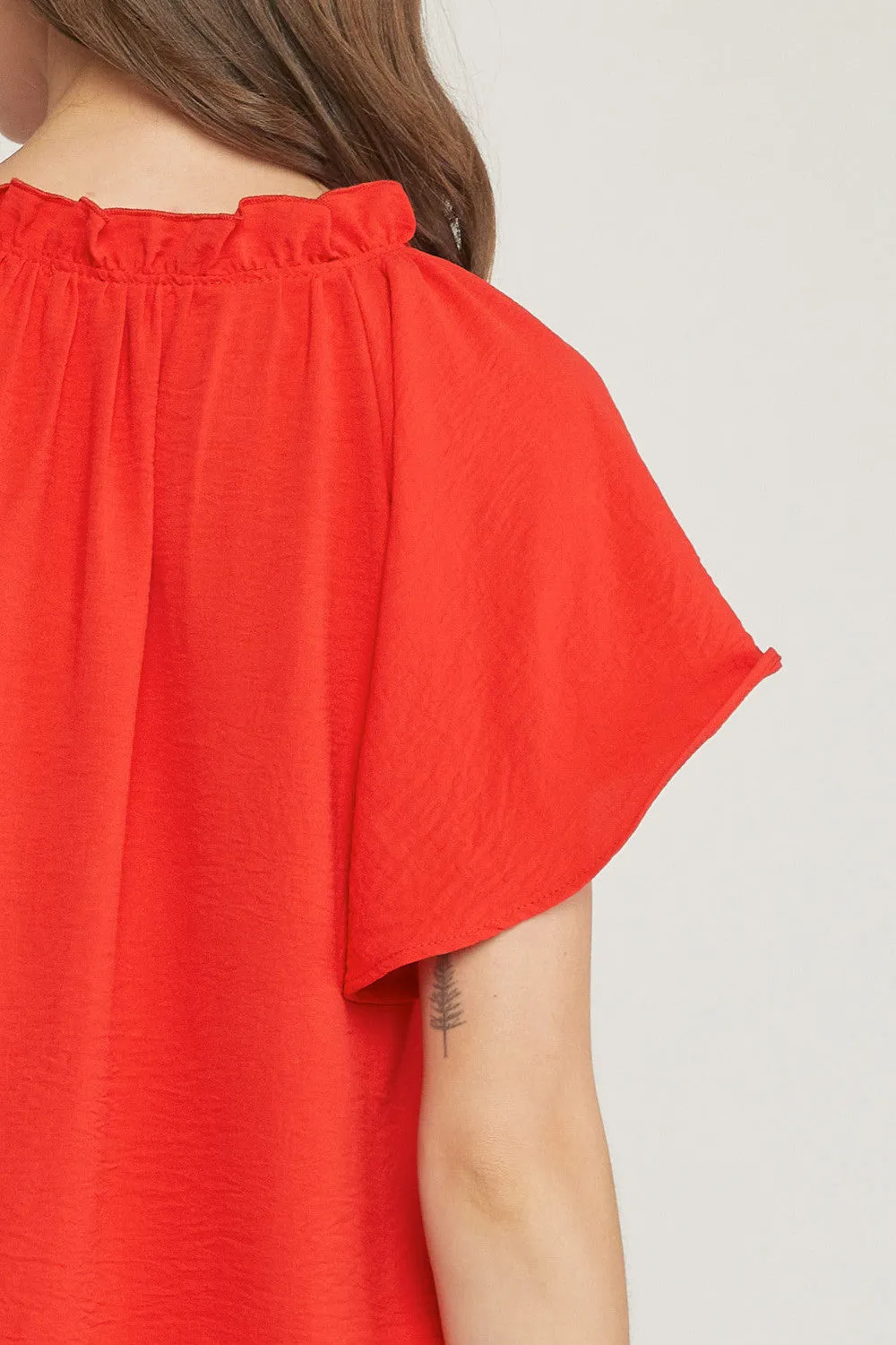 Ruffled Flutter Sleeve Blouse, Red