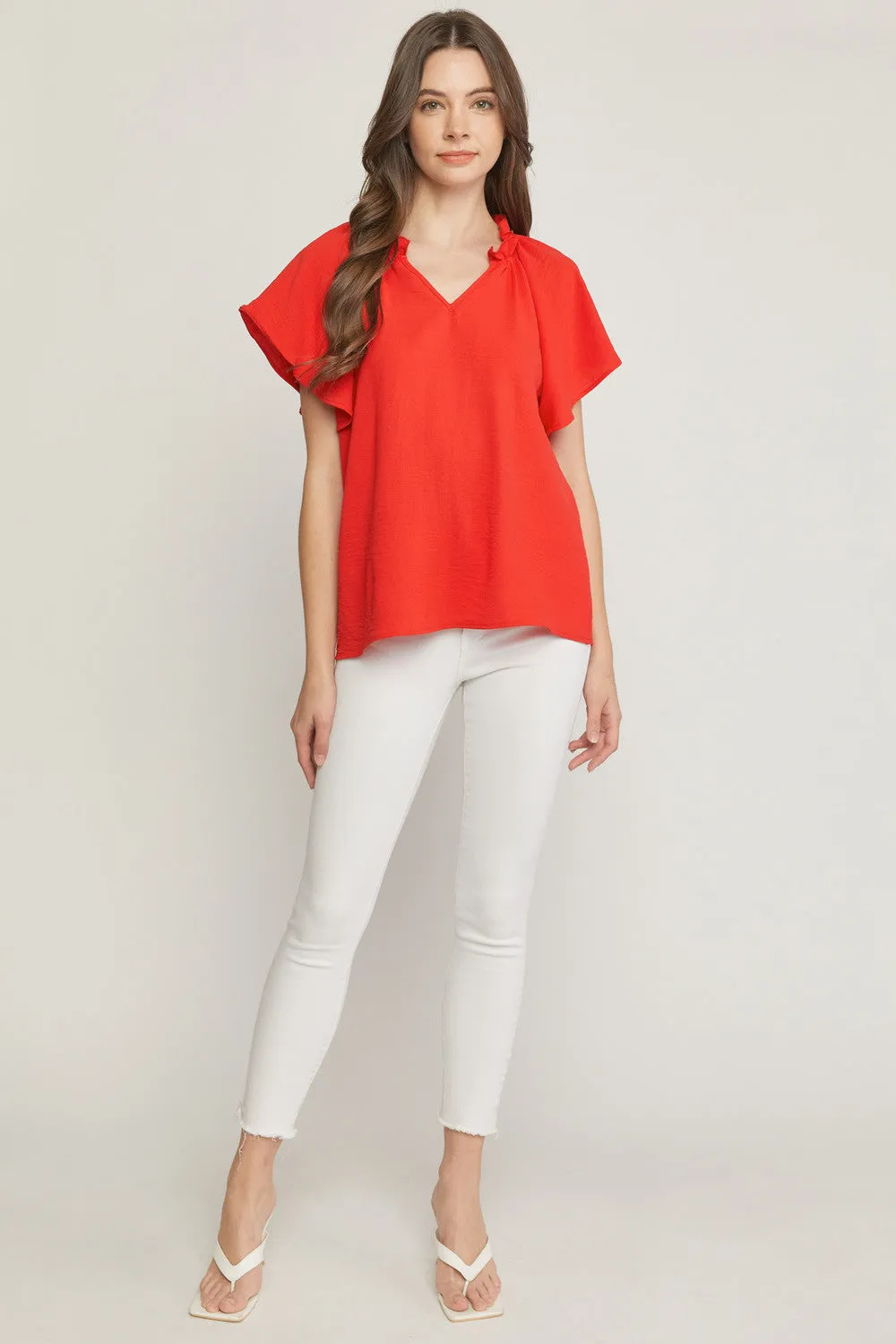 Ruffled Flutter Sleeve Blouse, Red