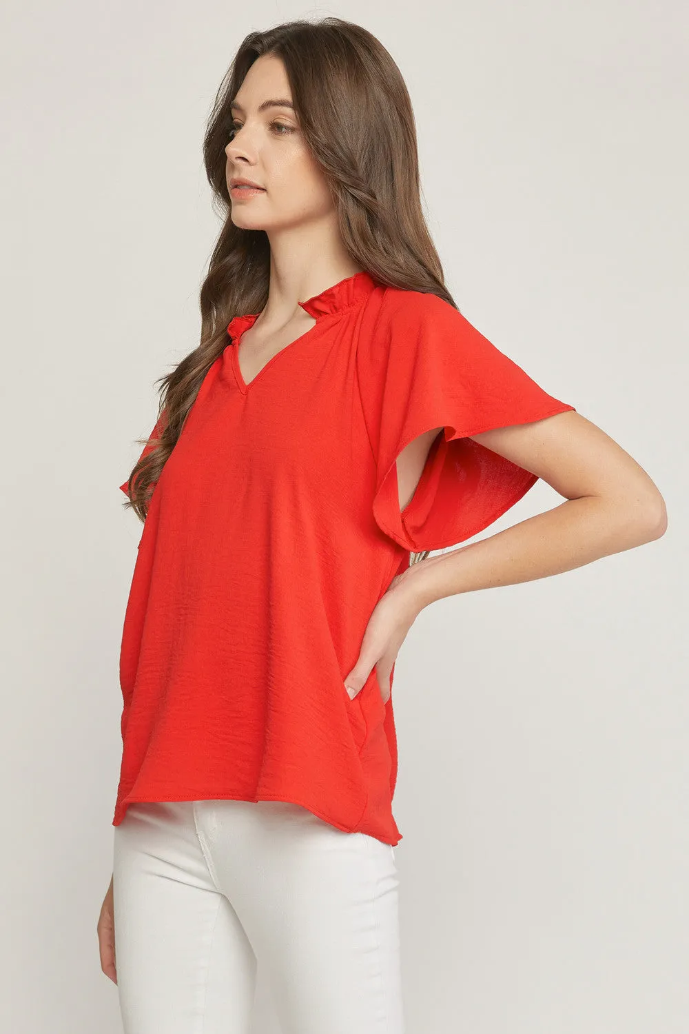 Ruffled Flutter Sleeve Blouse, Red