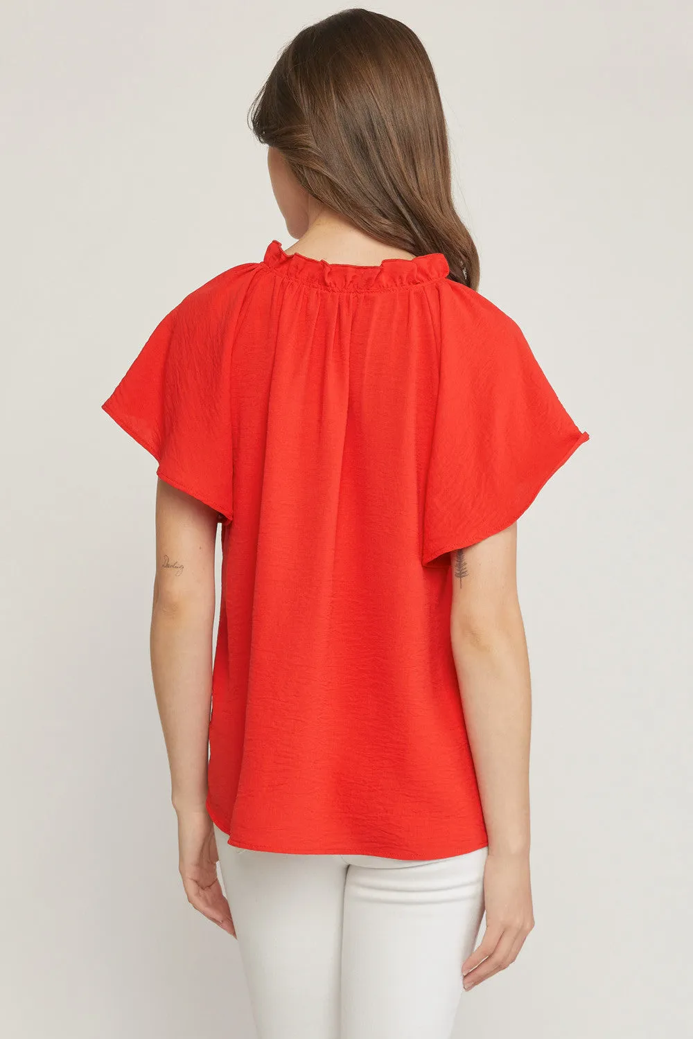 Ruffled Flutter Sleeve Blouse, Red