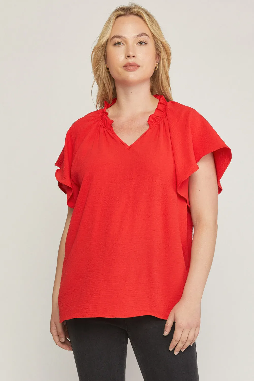 Ruffled Flutter Sleeve Blouse, Red