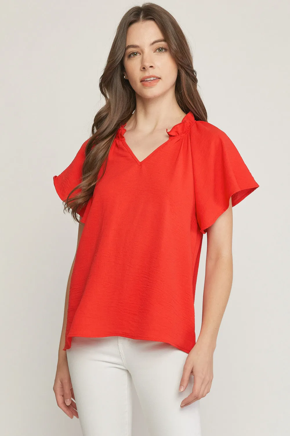 Ruffled Flutter Sleeve Blouse, Red