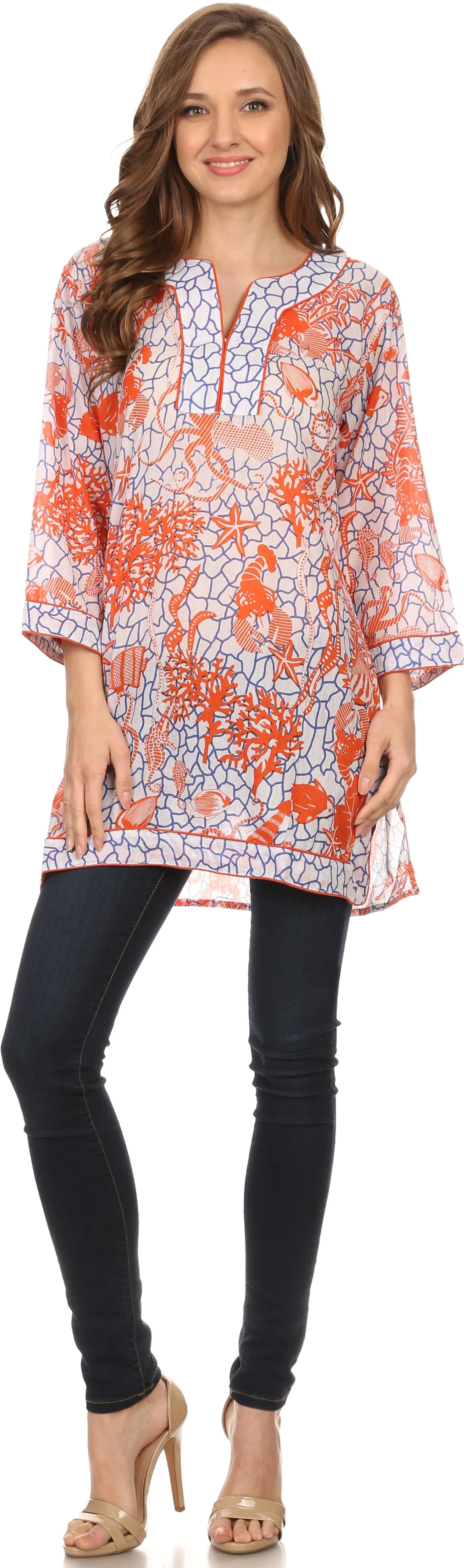 Sakkas Americus Long Sleeve Cotton Tunic Blouse Top With Ocean Floor Prints