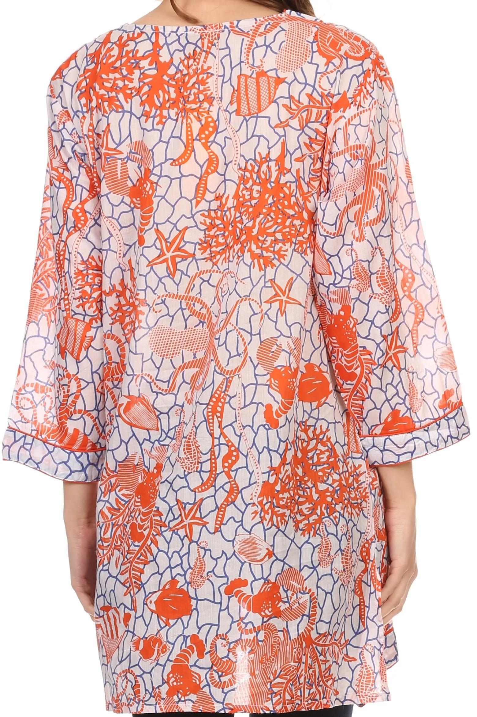 Sakkas Americus Long Sleeve Cotton Tunic Blouse Top With Ocean Floor Prints