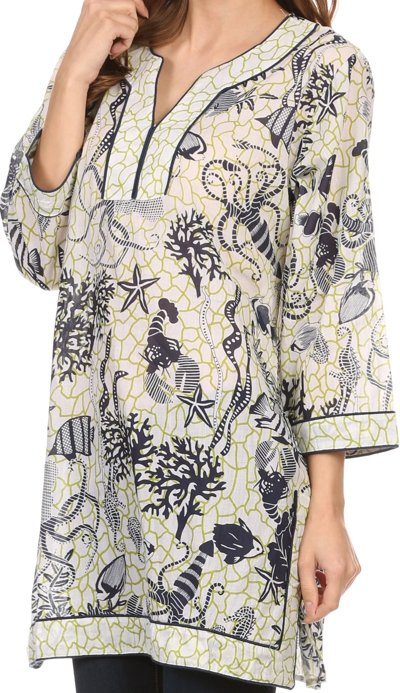 Sakkas Americus Long Sleeve Cotton Tunic Blouse Top With Ocean Floor Prints