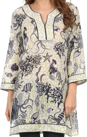 Sakkas Americus Long Sleeve Cotton Tunic Blouse Top With Ocean Floor Prints