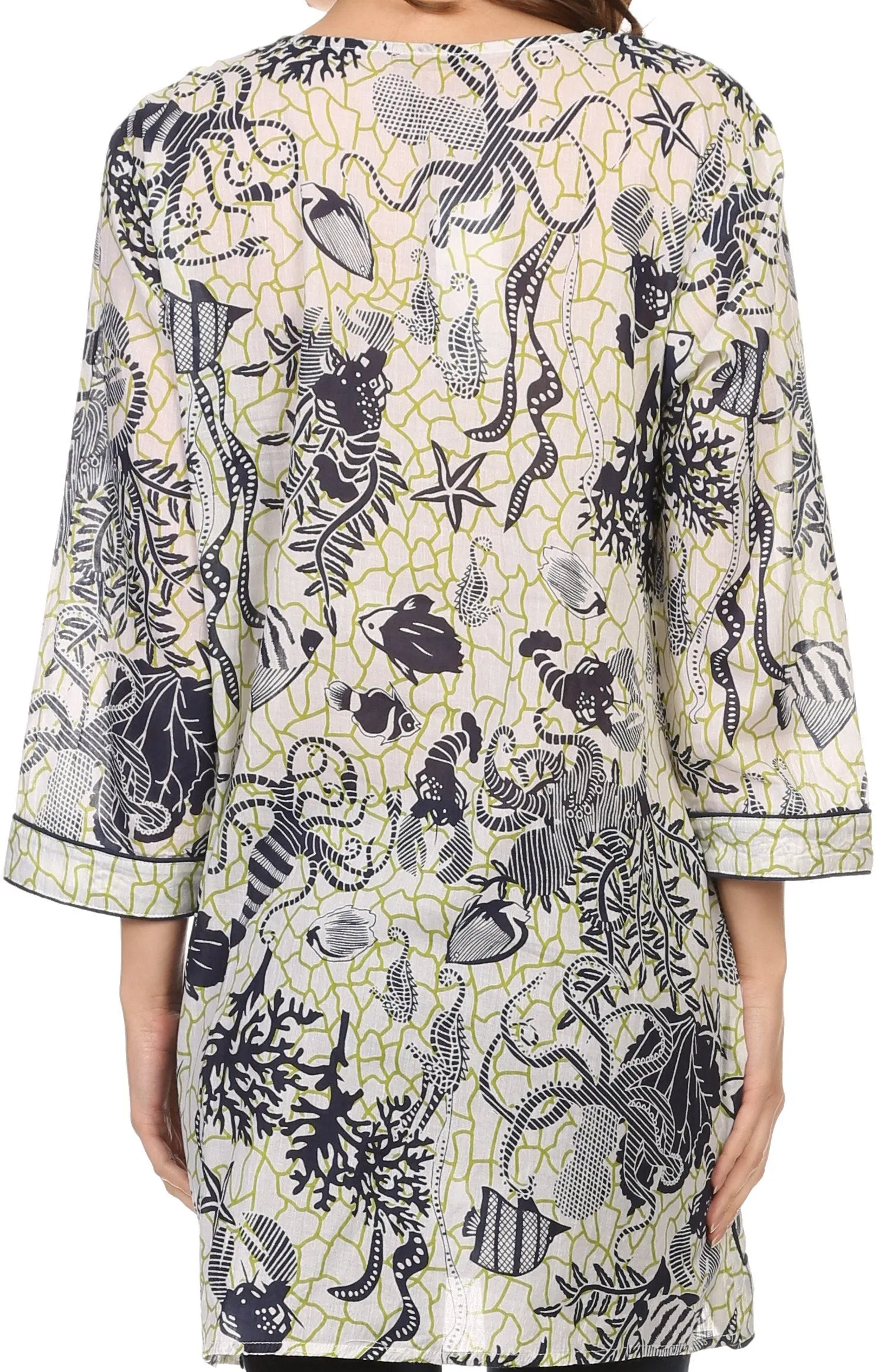 Sakkas Americus Long Sleeve Cotton Tunic Blouse Top With Ocean Floor Prints