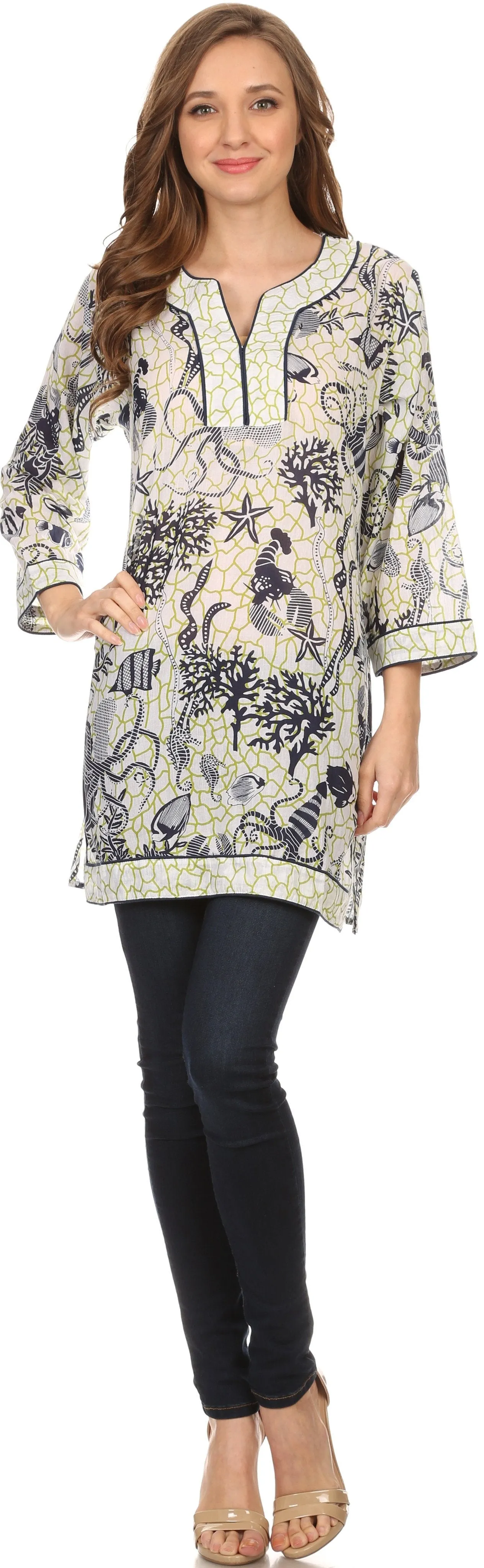 Sakkas Americus Long Sleeve Cotton Tunic Blouse Top With Ocean Floor Prints