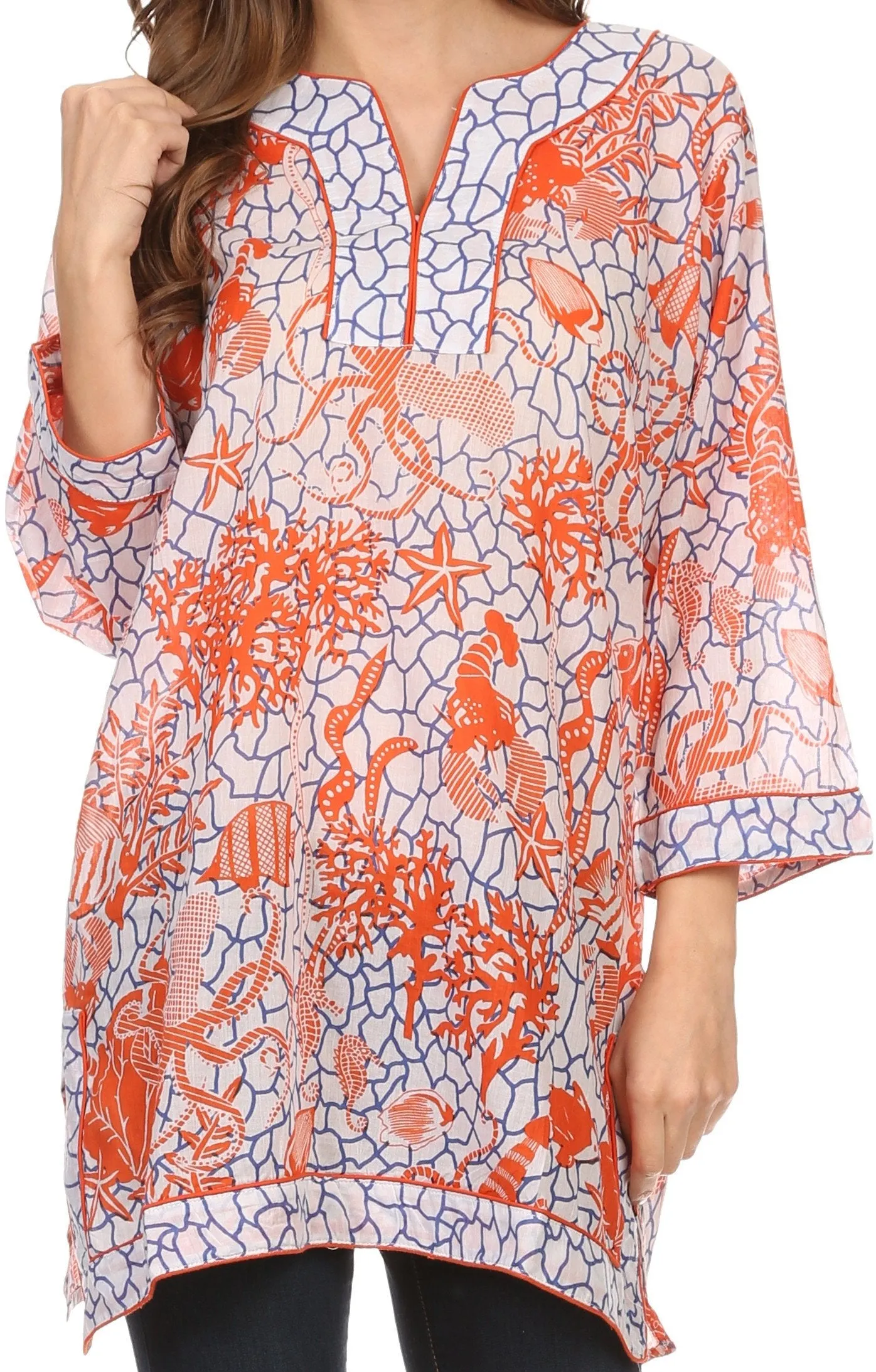 Sakkas Americus Long Sleeve Cotton Tunic Blouse Top With Ocean Floor Prints