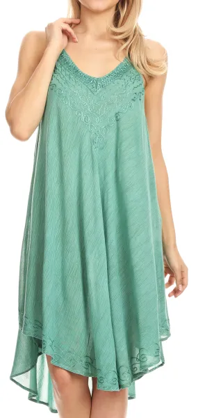 Sakkas Calais Mid Length Sleeveless Tank Top Detailed Embroidery Caftan Dress