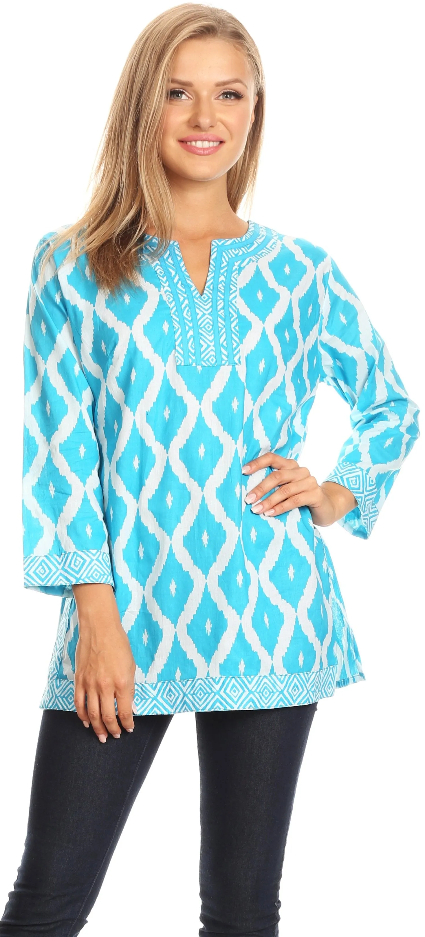 Sakkas Ida Fresh Casual Rayon Paisley Tunic Blouse Top with 3/4 Sleeve