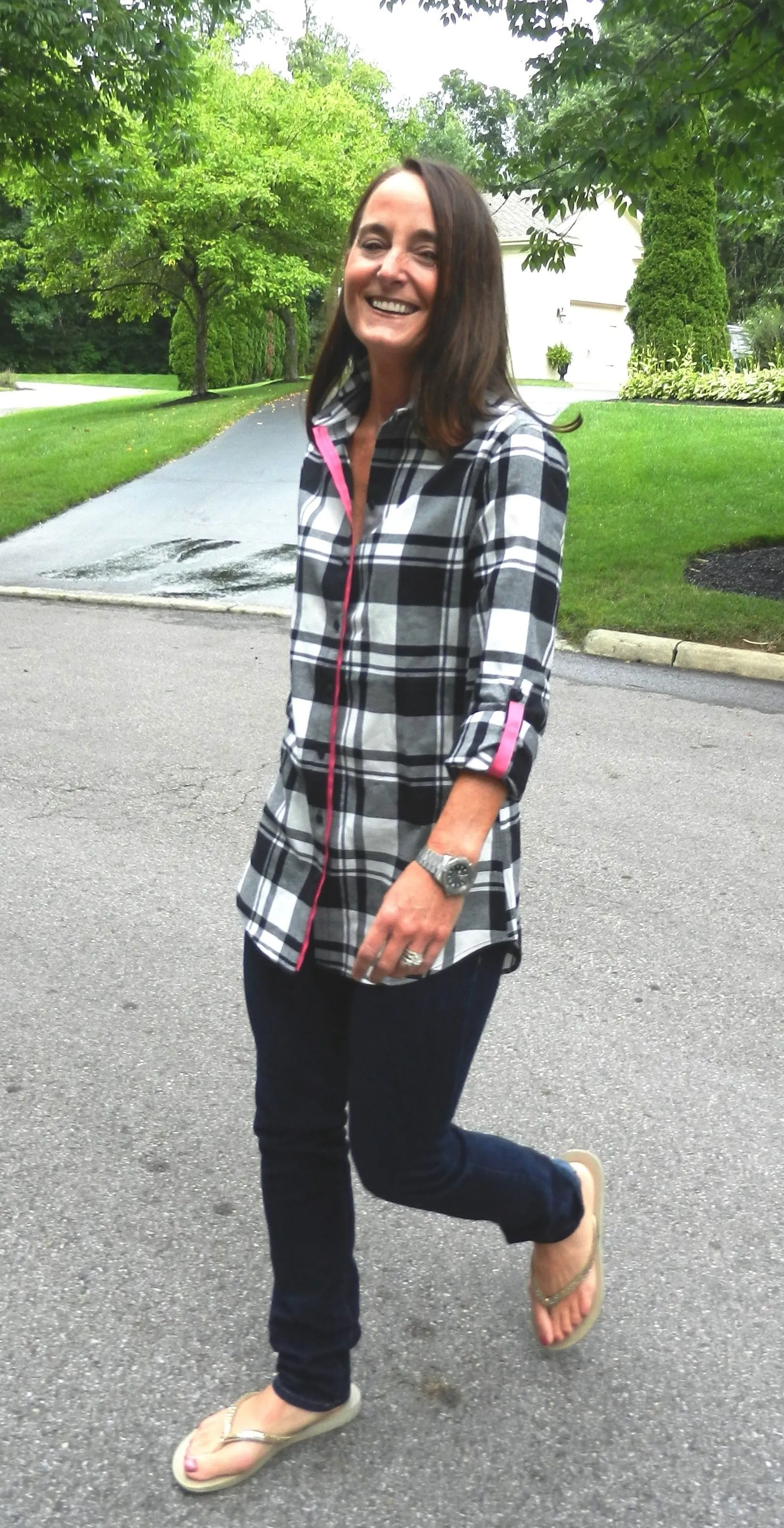 SALE - XS ONLY - Saturday Tunic Black and White Plaid w Pink Ribbon (Sat-Pink) *FINAL SALE*