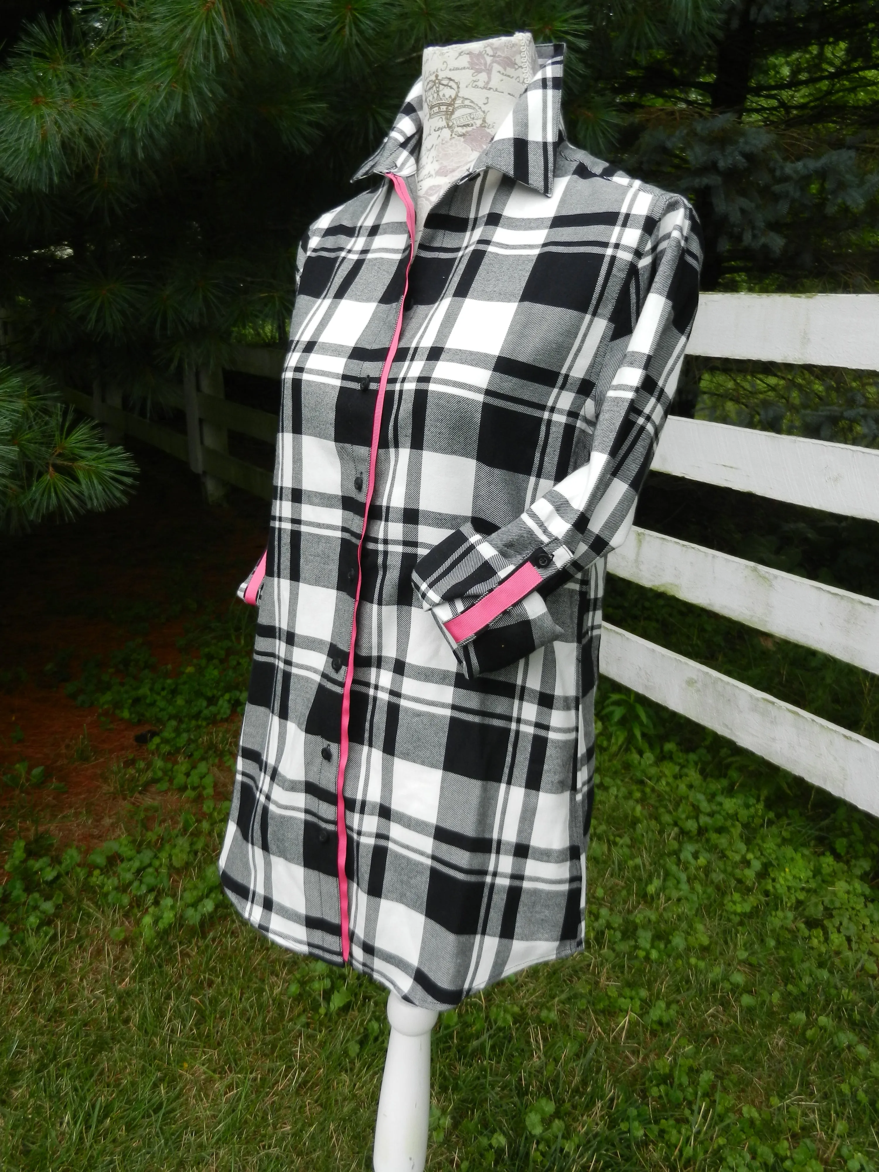 SALE - XS ONLY - Saturday Tunic Black and White Plaid w Pink Ribbon (Sat-Pink) *FINAL SALE*