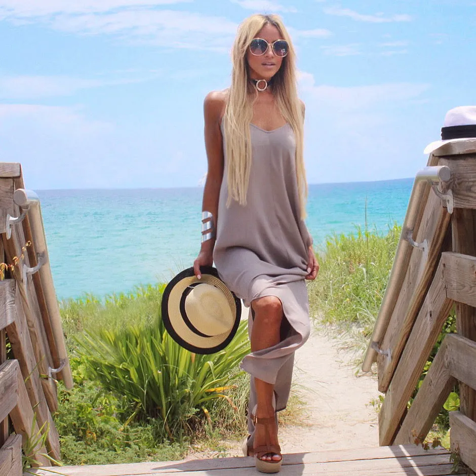 Sand Gray Side Slit Maxi Dress - The Santorini