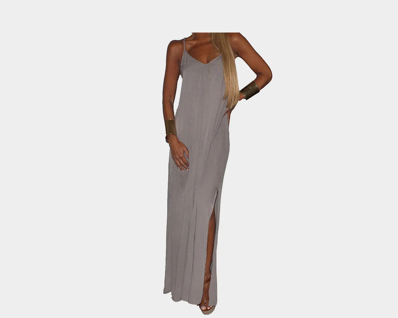 Sand Gray Side Slit Maxi Dress - The Santorini