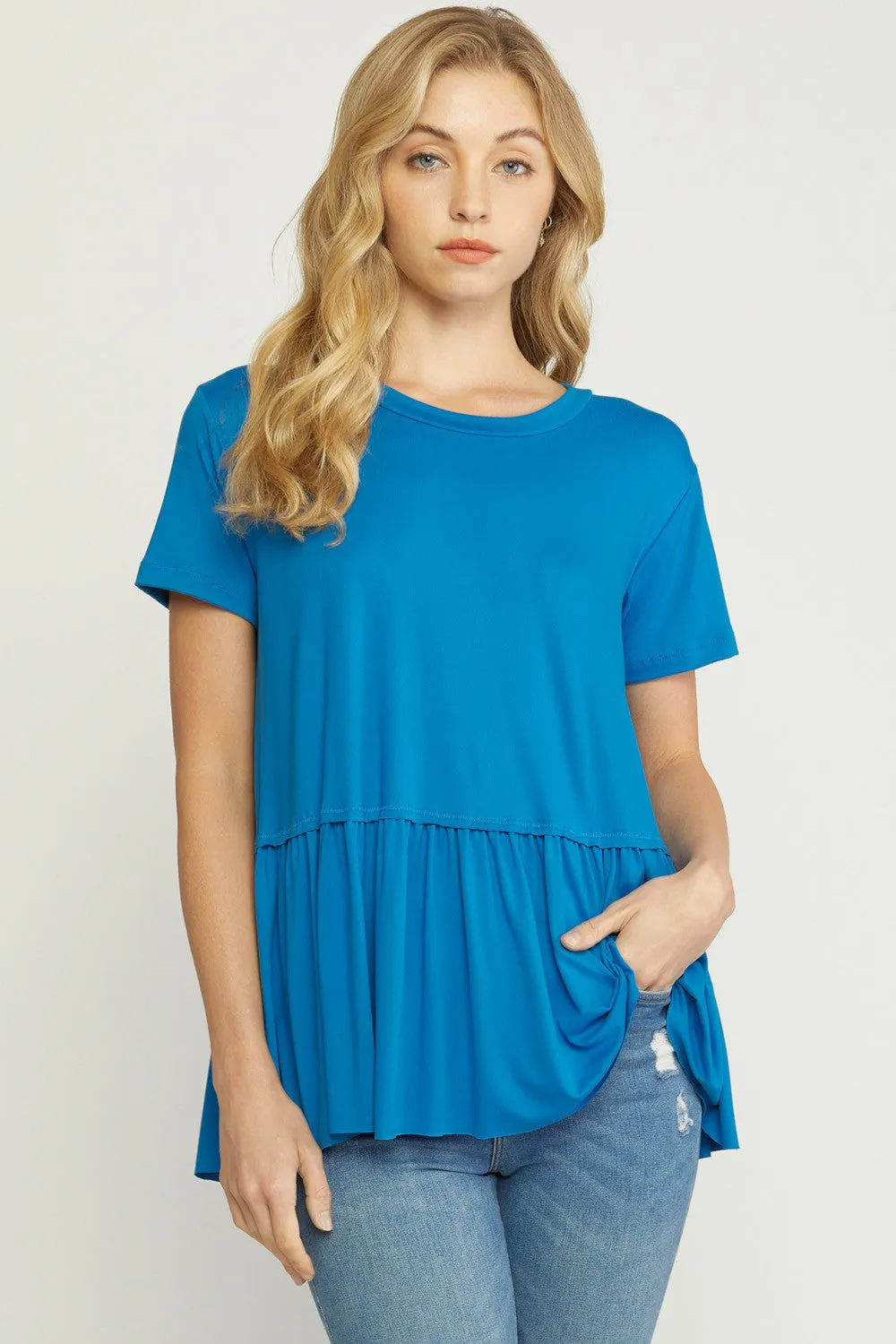 Short Sleeve Peplum Top, Blue