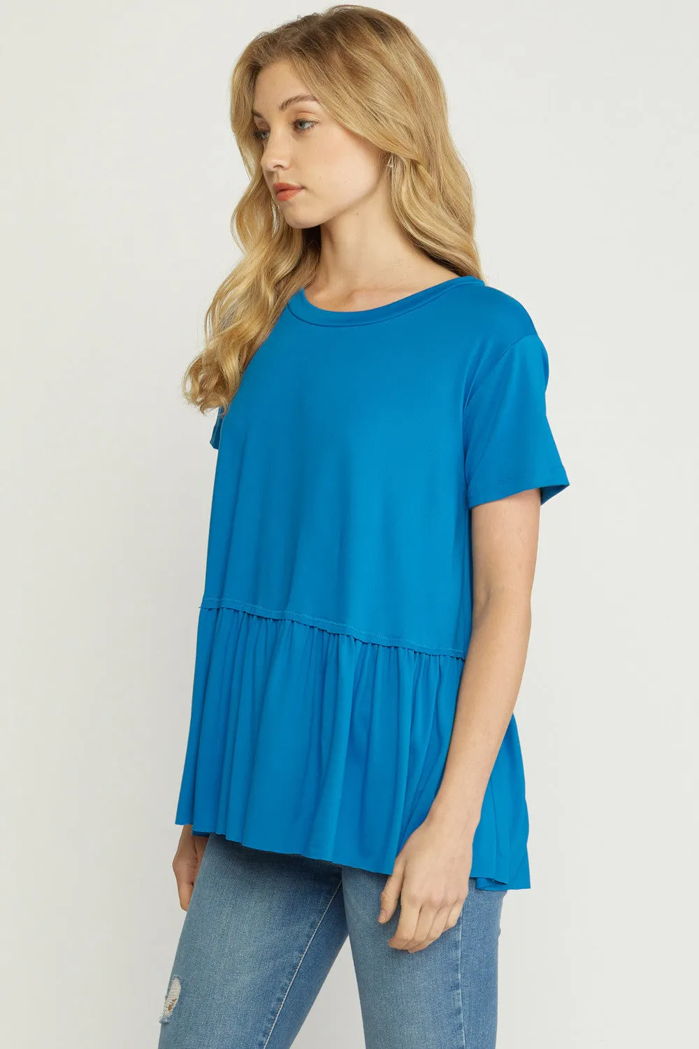 Short Sleeve Peplum Top, Blue