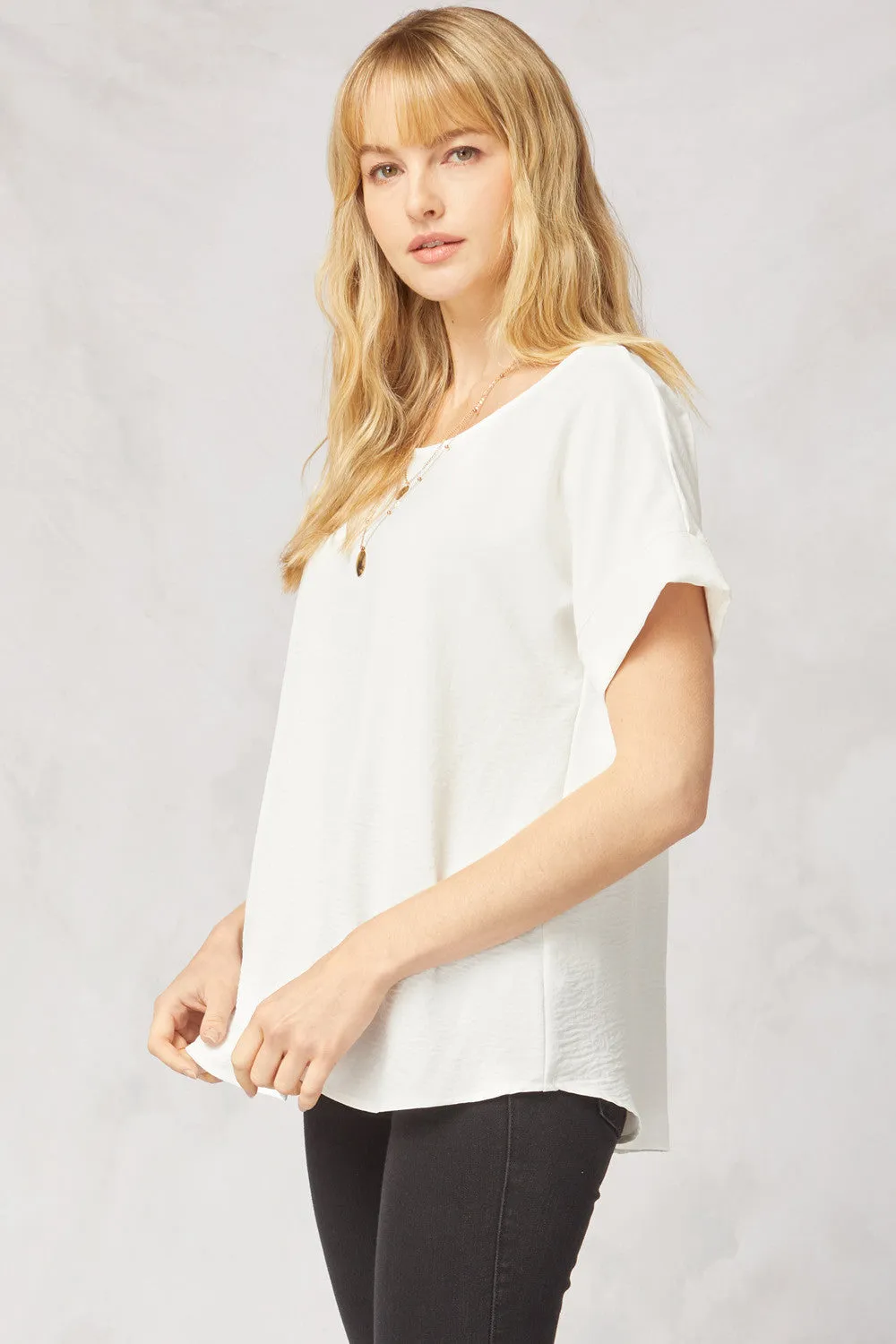 Short Sleeve Scoop Neck Top, Off White