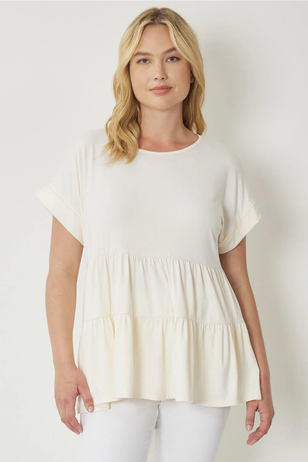 Short Sleeve Tiered Tunic, Cream