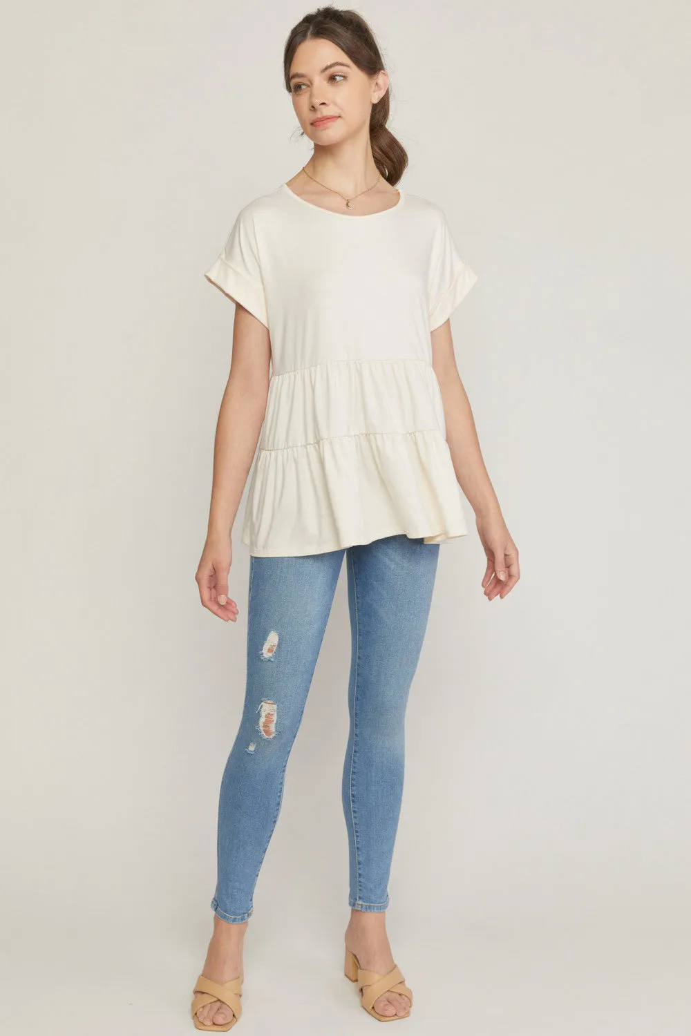 Short Sleeve Tiered Tunic, Cream