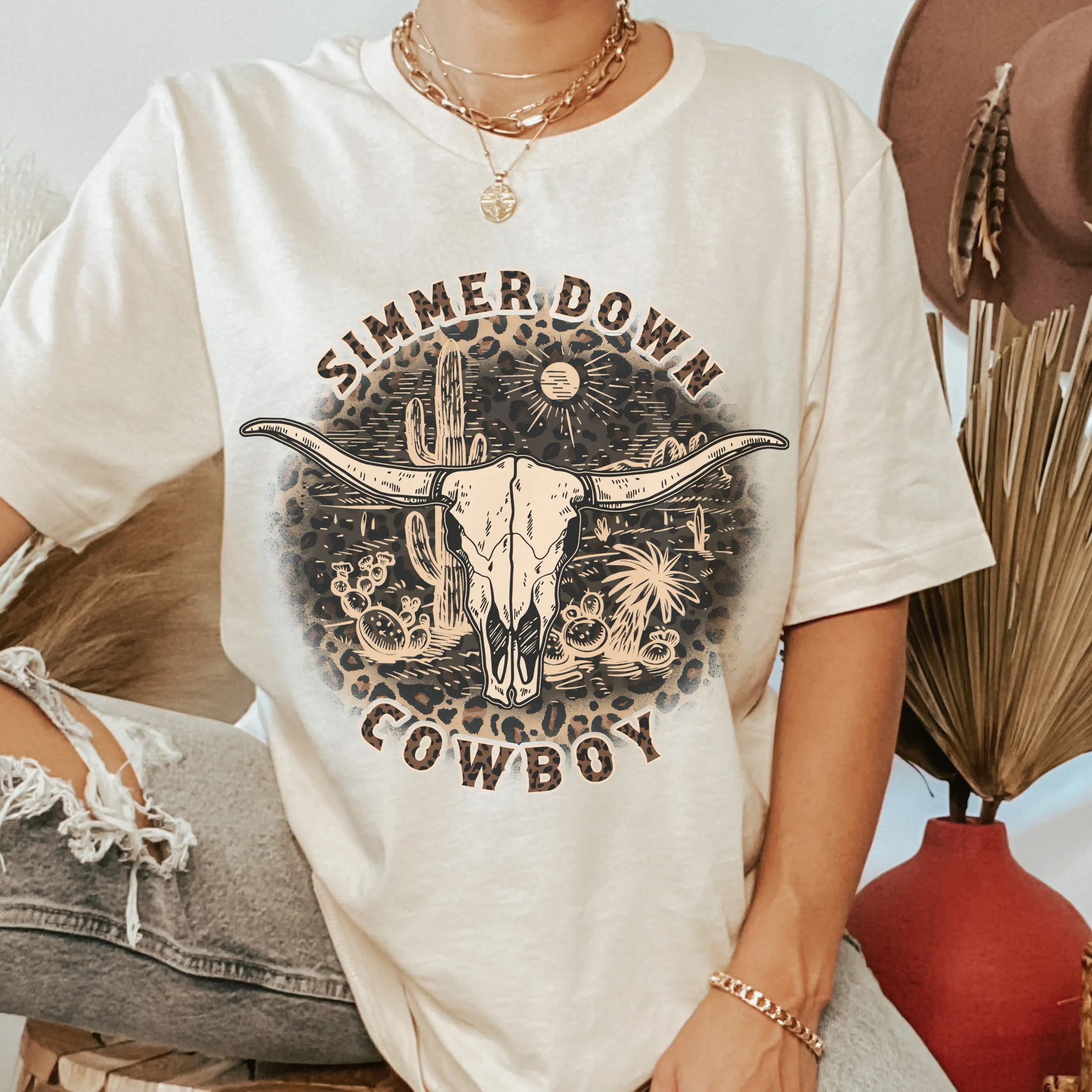 Simmer Down Cowboy Bella Canvas® Unisex Jersey Short Sleeve Tee in Natural, White, Dark Heather or Heather Olive Cowboy T-Shirt