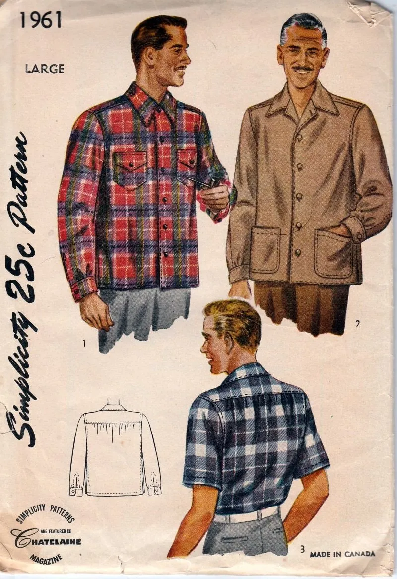 Simplicity 1961 Vintage 1940's Sewing Pattern Mens Casual Day Shirt