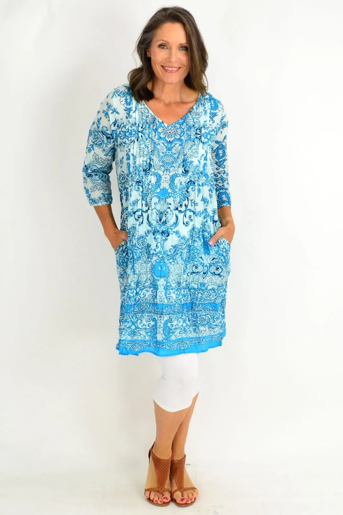 Sky Blue Victorian Print Tunic Dress