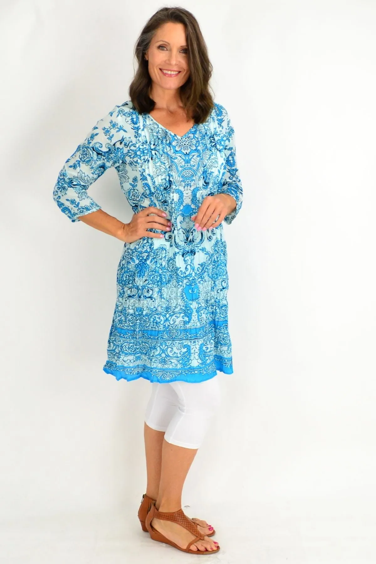 Sky Blue Victorian Print Tunic Dress