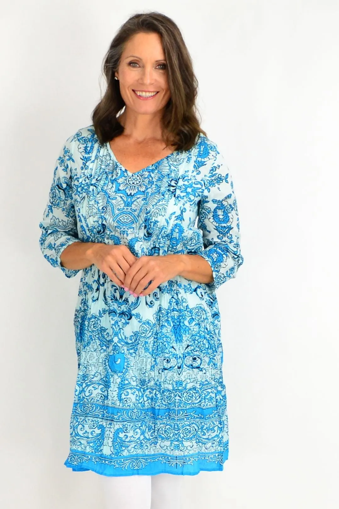 Sky Blue Victorian Print Tunic Dress