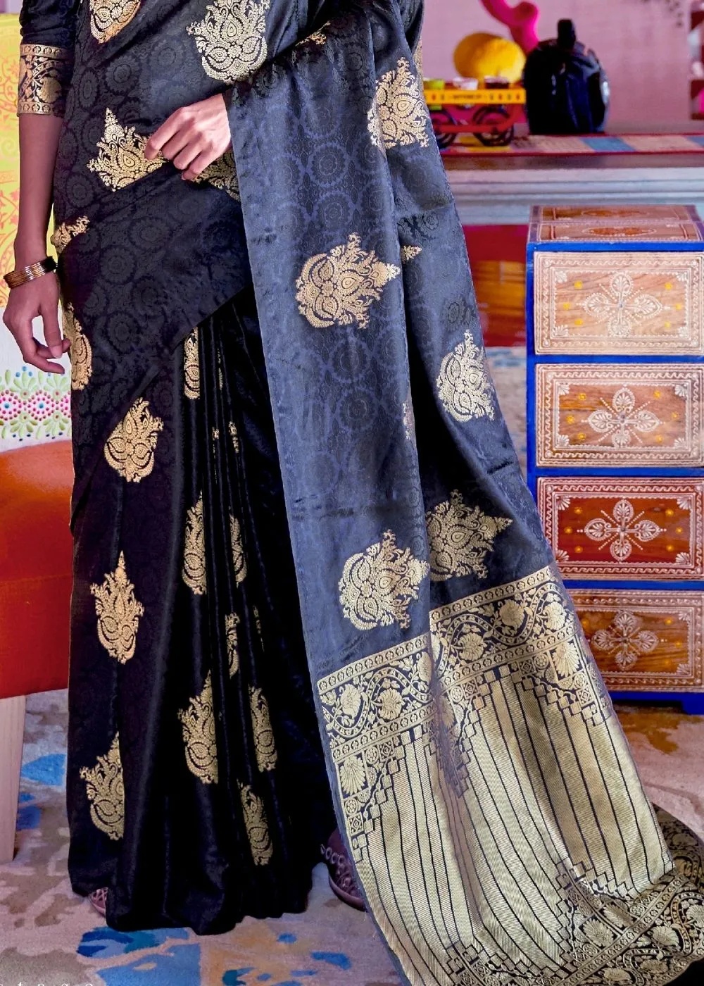 Soot Black Satin Silk Saree with overall Golden Butti