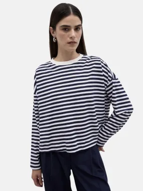 Striped Slit Cotton Knitted Crop Blouse Navy Blue