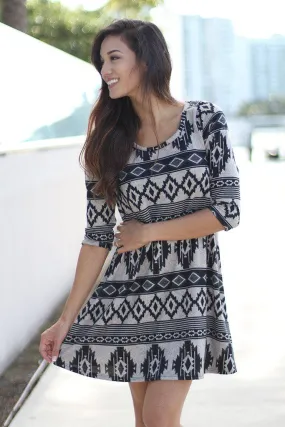 Taupe and Black Printed Short Dress