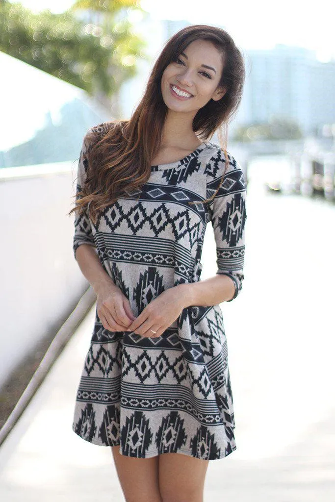 Taupe and Black Printed Short Dress