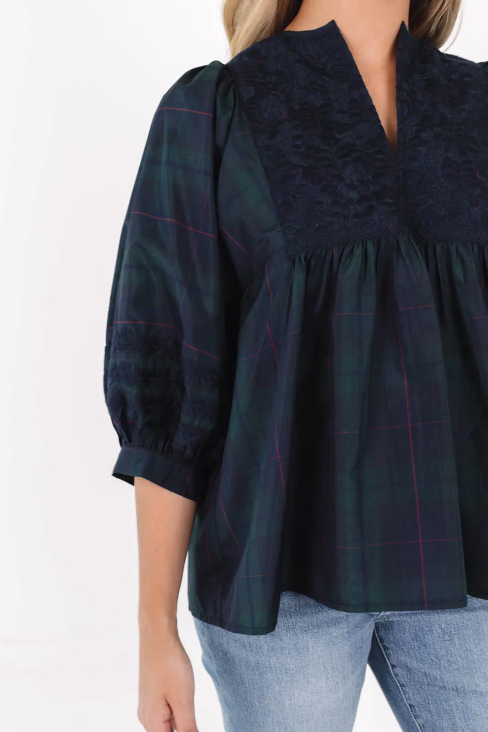 The Katrina Puff Sleeve Tunic - Green Plaid