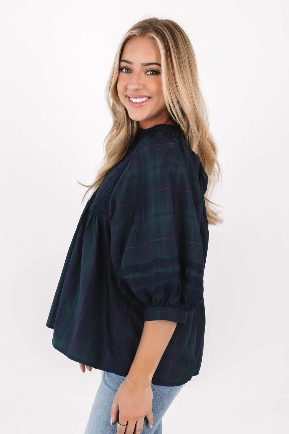 The Katrina Puff Sleeve Tunic - Green Plaid