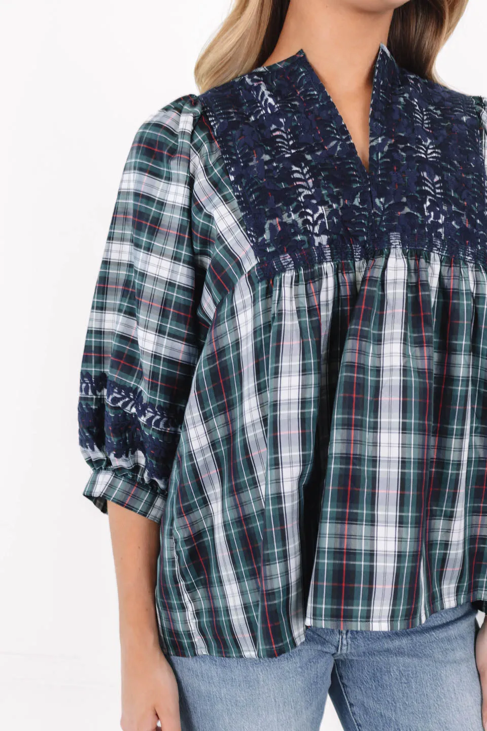 The Shelley Puff Sleeve Tunic - Navy Plaid