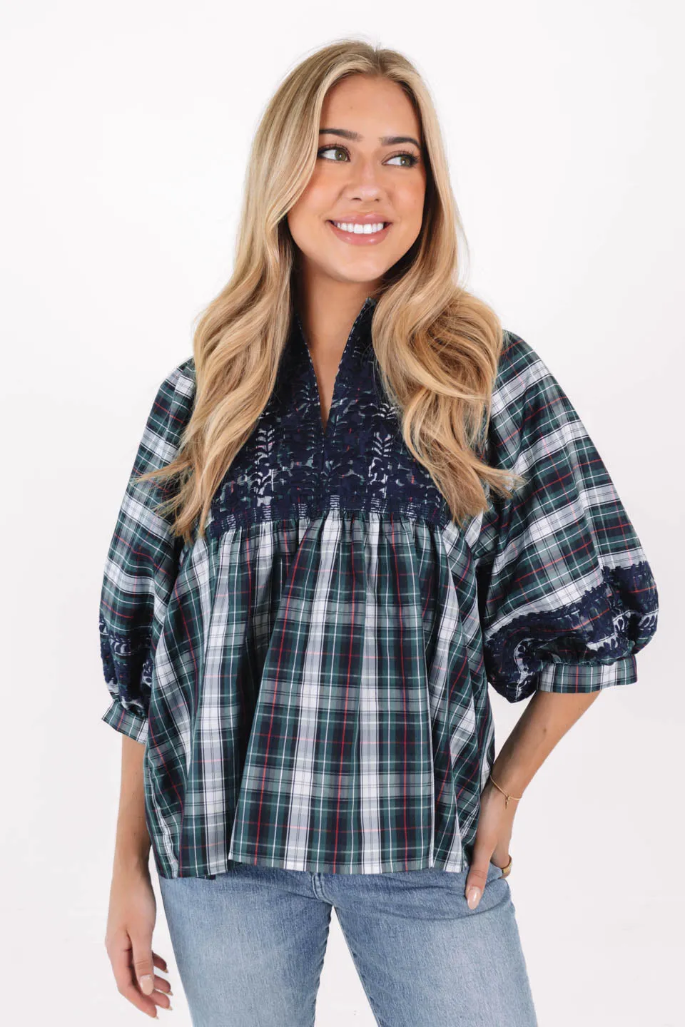 The Shelley Puff Sleeve Tunic - Navy Plaid