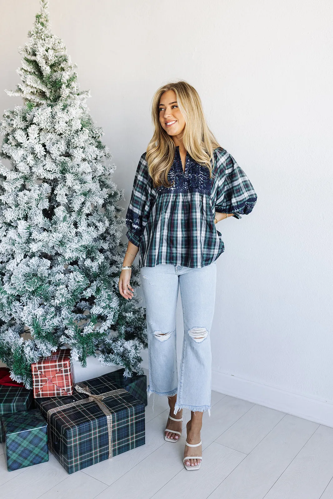 The Shelley Puff Sleeve Tunic - Navy Plaid