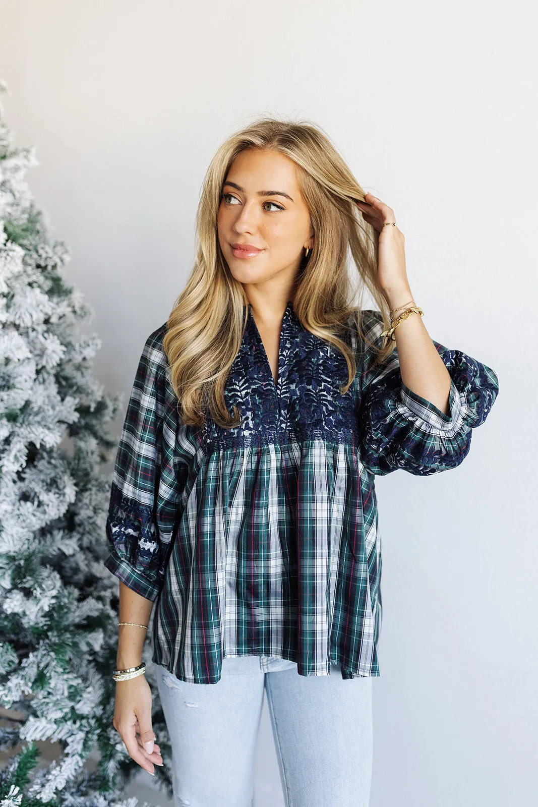 The Shelley Puff Sleeve Tunic - Navy Plaid