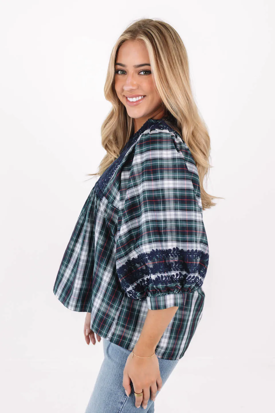 The Shelley Puff Sleeve Tunic - Navy Plaid